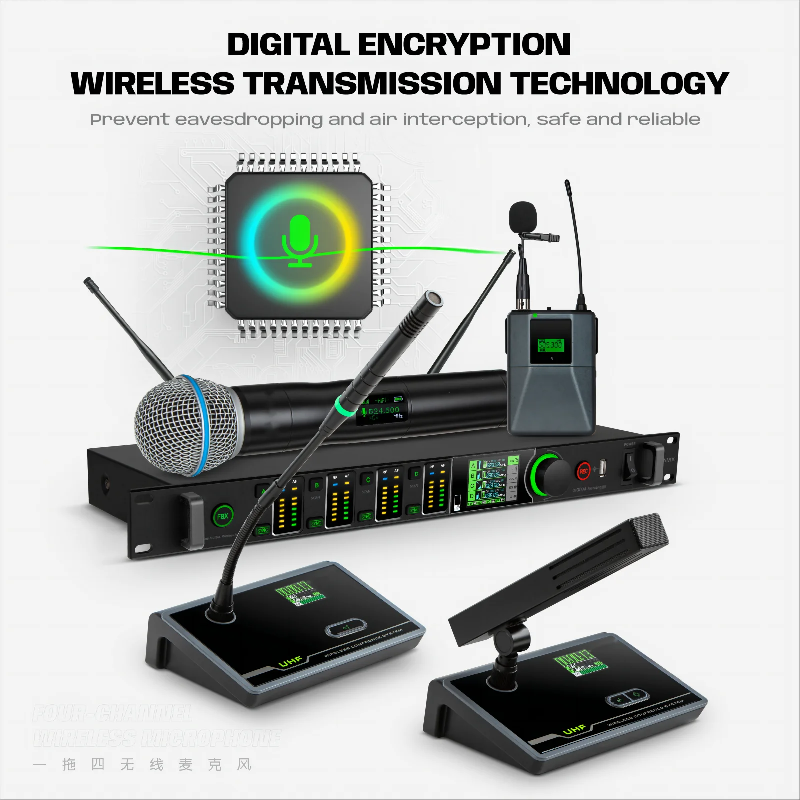 GMW-M300 ميكروفون لاسلكي 200 متر التنوع الحقيقي 4-قناة عواء FBX المرحلة نظام ميكروفون الكاريوكي #6