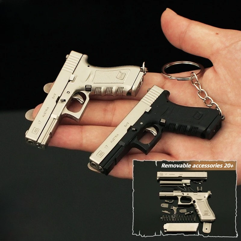 2.56in 미니 소형 총 키 체인 1:3 글록 트럼펫 분리형 금속 모델 장난감 총 배낭 펜던트 데스크탑 장식 소년 선물