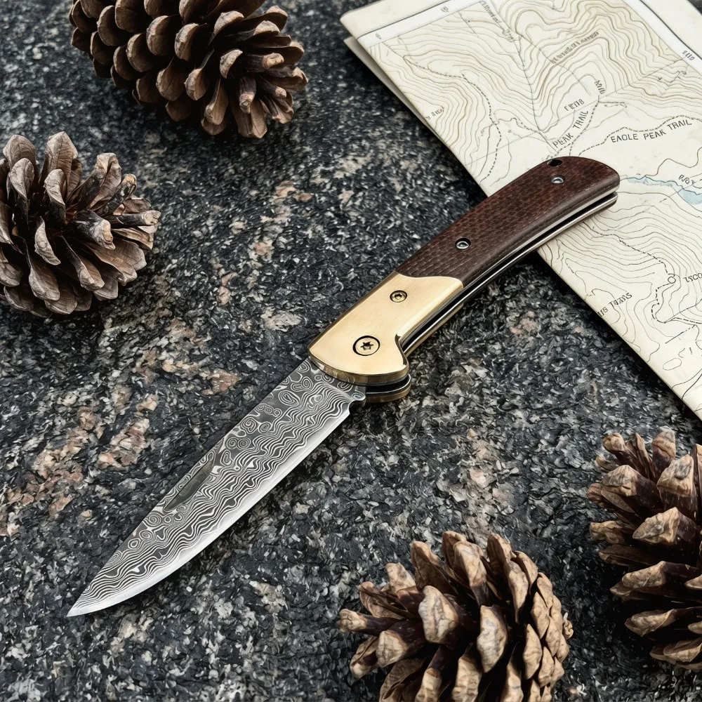 faca-dobravel-para-atividades-ao-ar-livre-faca-de-bolso-exquisita-com-lamina-de-aco-damasco-e-cabo-de-latao-micarta-ferramenta-de-corte-para-pesca