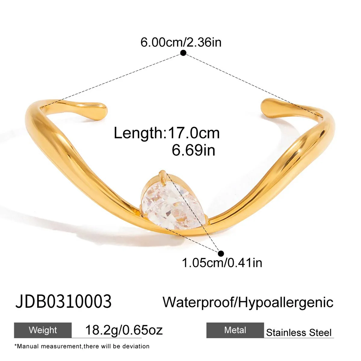 Women Zircon Bracelet 18K Gold Color Plated Stainless Steel Open Bangle Light Luxury Jewelry High Quality