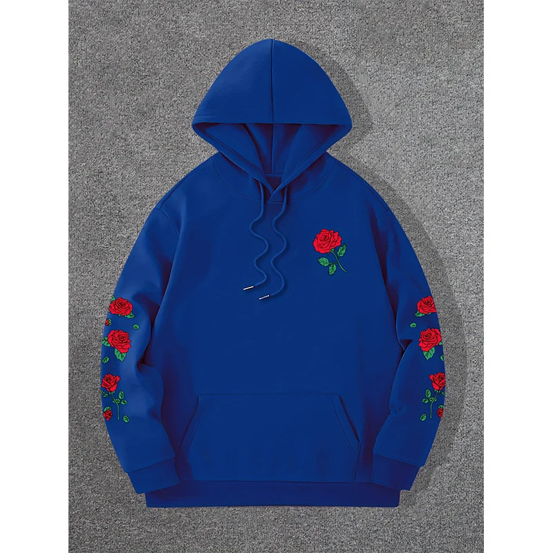 Red Rose Print Hoodie Men Woman Round Neck Long Sleeve Hoodies Hooded Sweatshirts Harajuku Pullover Tracksuit Unisex Clothing