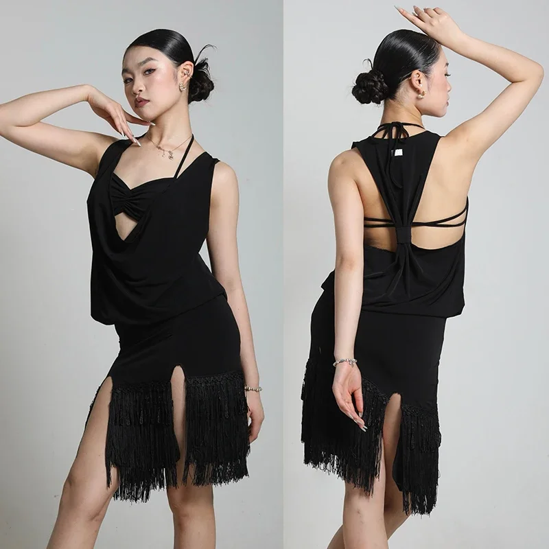 

2026 Summer Latin Dance Clothes Women Sexy Tops Tassel Slit Sirt Tango Dance Performance Practice Clothing Chacha Dance Dresses