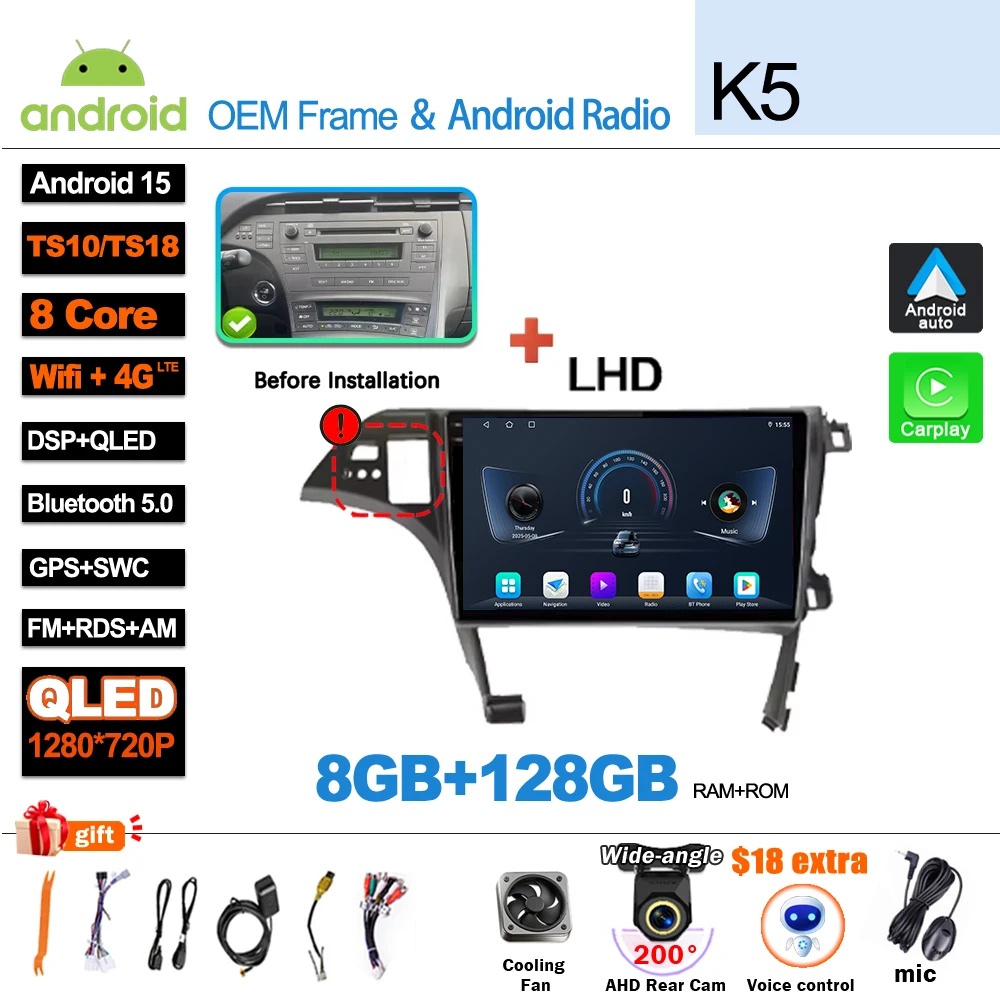 Android 16 autoradio, videomedia-speler, Carplay, GPS-navigatie voor Toyota Prius XW30 2009-2015 - afbeelding 1