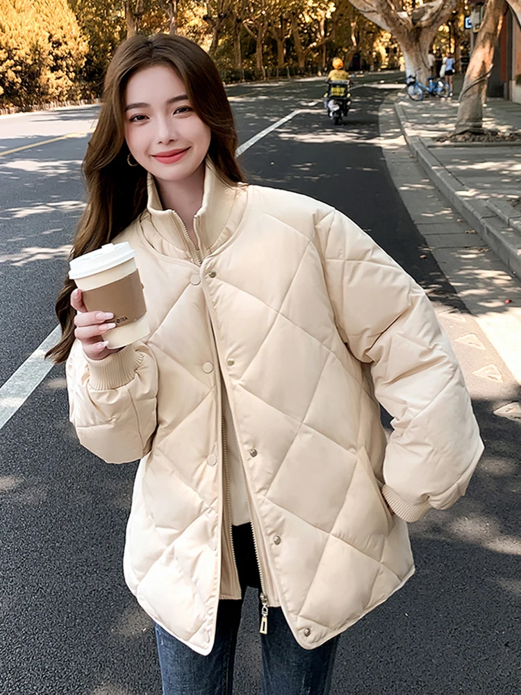 Zoki Korean Argyle Parkas Women Winter Patchwork Sweet Puffy Coats Vintage Fake Two Thick Warm Female Design Casual Jackets New