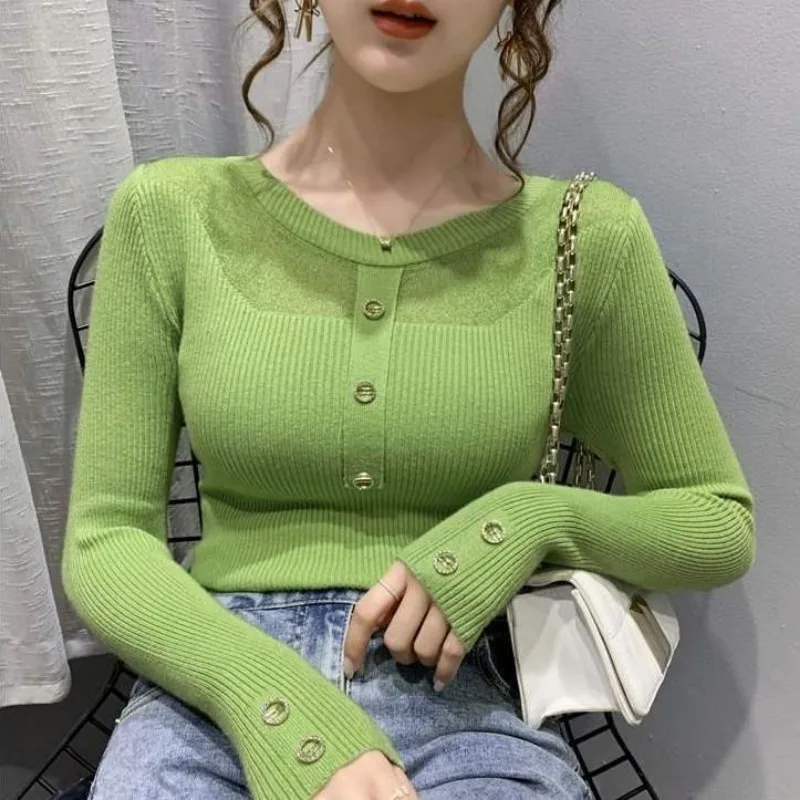 Korean Simplicity Commute Design Gauze Net Montage Button Solid Color Insert Graceful Lace Capable Women's Sweater Autumn 2024