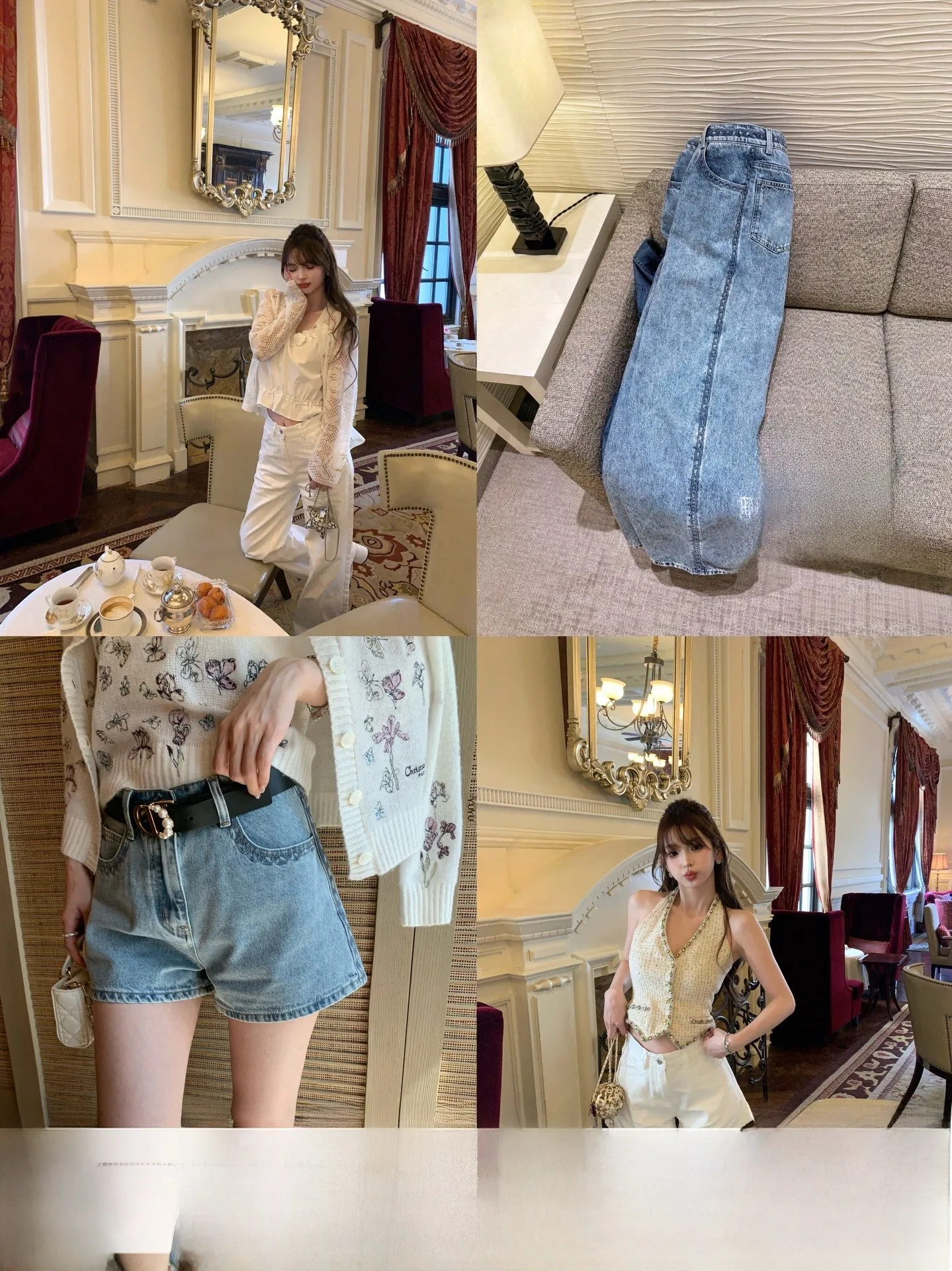 

Джинсовые шорты и брюки F Boutique с высокой талией, вышивкой и эффектом потертости, прямого кроя, из хлопка, для женщин