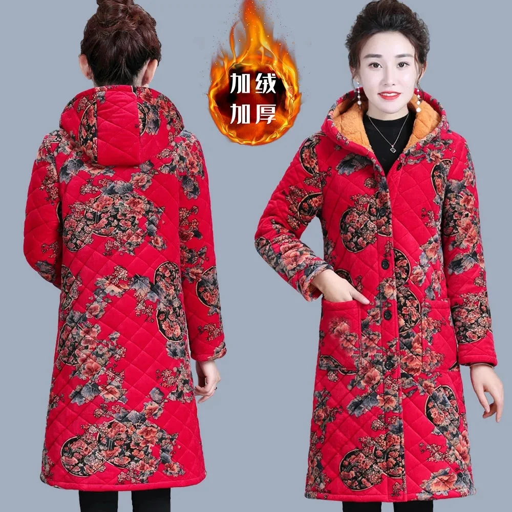 Winter Plus Velvet Cotton Coat Women 2022 Large Size Loose Middle-aged Elderly Mother Padded Jacket Female Long Over Knee Parkas