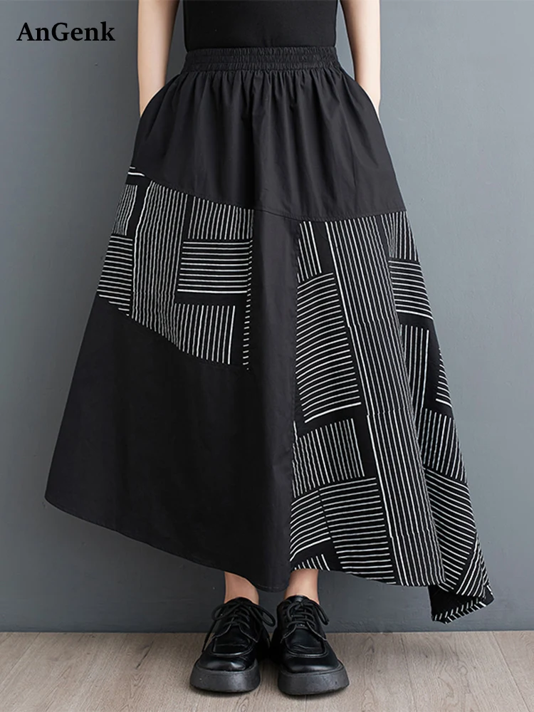 Black Vintage Stripe High Waist Skirts For Women Plus Size Spring Summer New Patchwork Loose Casual Fashion Long Skirt 2026