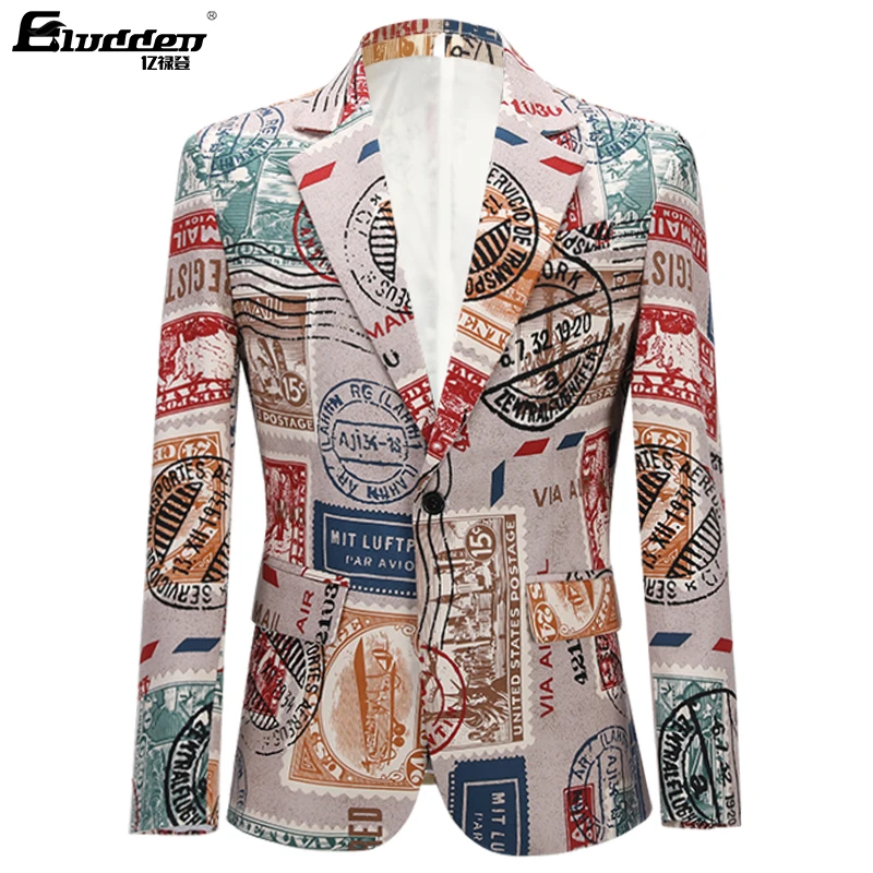 MenRetro Vintage Newspaper Print Casual Blazer Hombre Men DJ Singer Night Club Slim Fit Suit Jacket Prom Party CostumeNewspaper