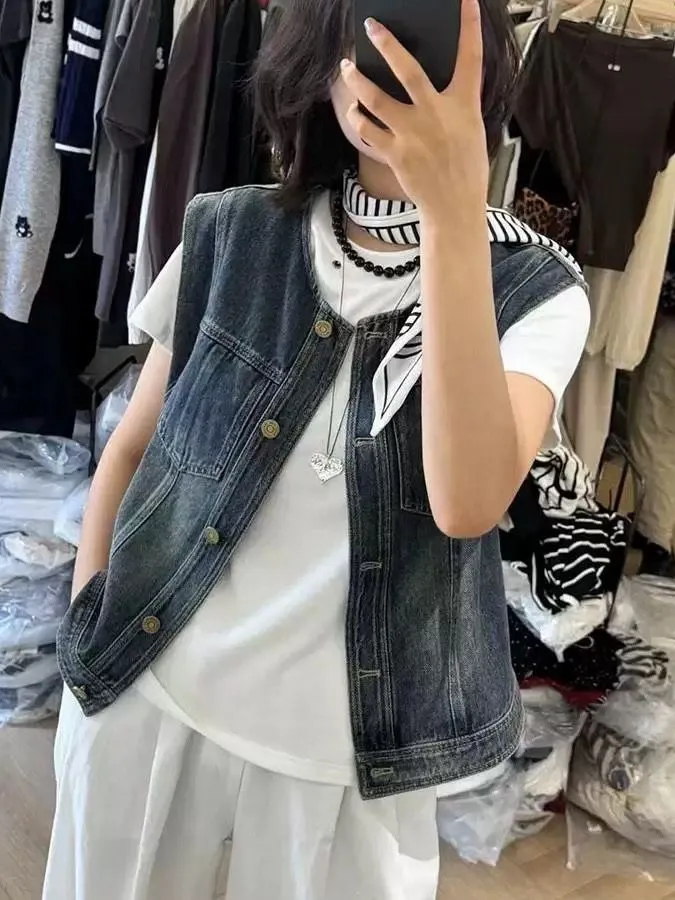 

Ретро японский корейский джинсовый жилет Jaet женский повседневный байкерский тройник маленького размера топ летний тонкий на одной пуговице
