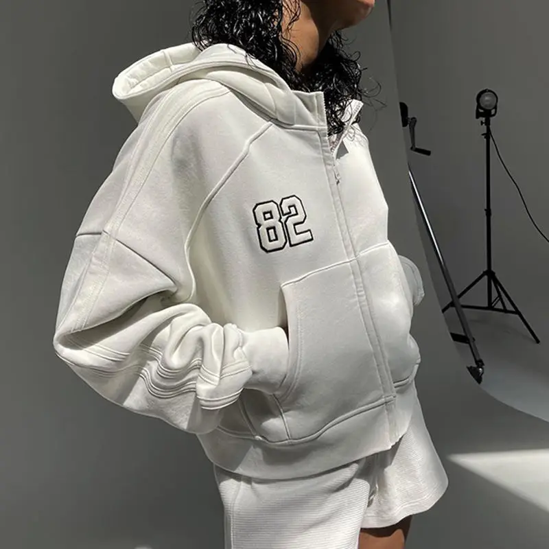 

Hoodie Coat Zip Plus Velvet Letter Printing White Hip Hop Graphic Sport Long Sleeve Hoodie Harajuku Women Streetwear Short Coat