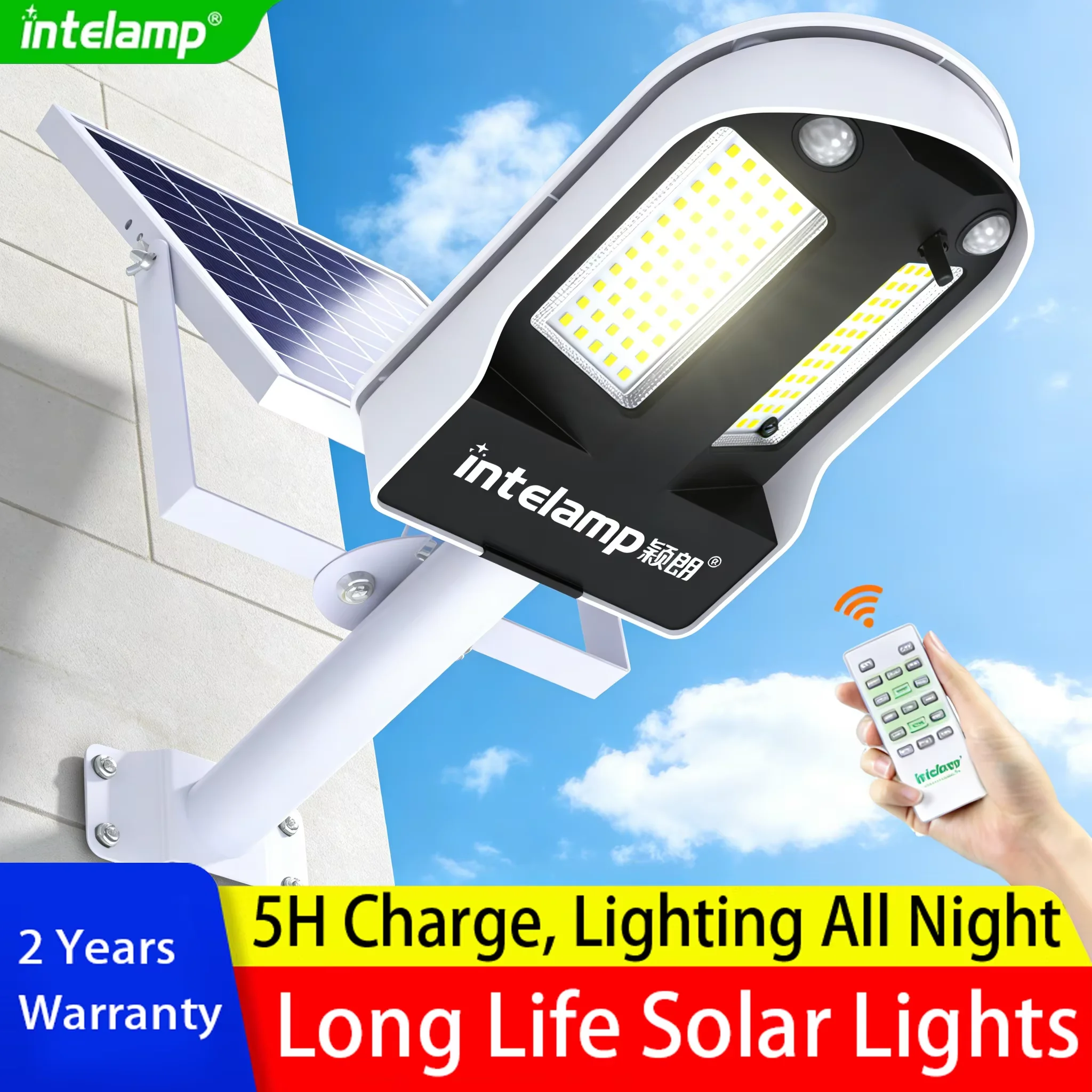 intelamp Outdoor-Solarstraßenleuchten 12500mAh mit supergroßem Solarpanel und zwei Bewegungssensoren für Einfahrten, Parkplätze und Gehwege