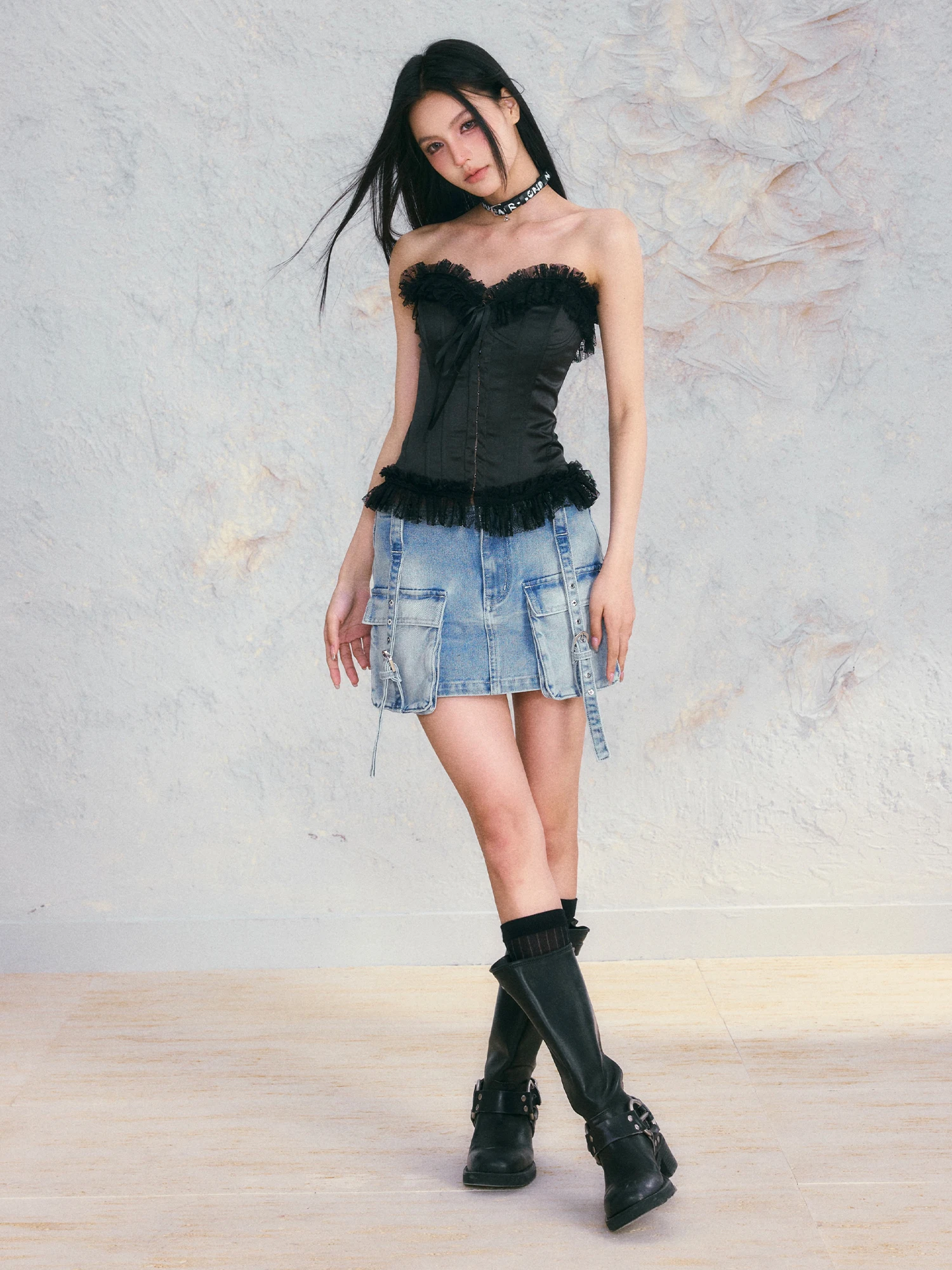 

AGAM Original Design Blue Vintage Waed 3D Workwear Skirt Hot Girl Large ket Denim A-Line f-length Skirt