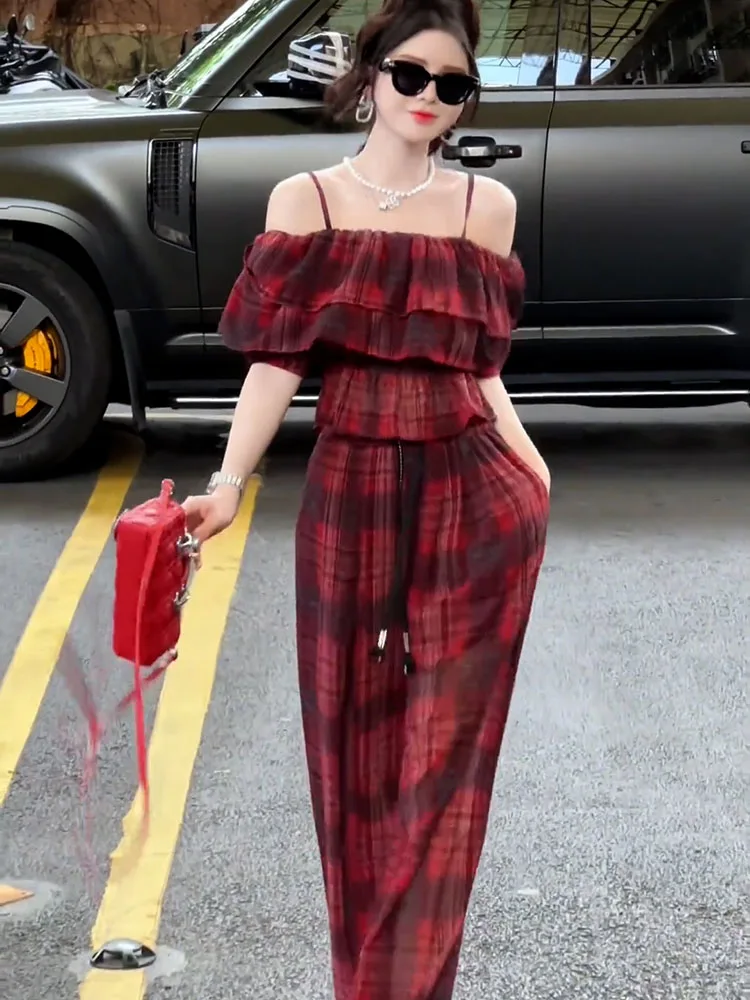 

Women Pant Set Fashion Casual Holiday Outfits Shoulderless Loose Shirts Two Piece Slim Fit Matching Temperament Suits