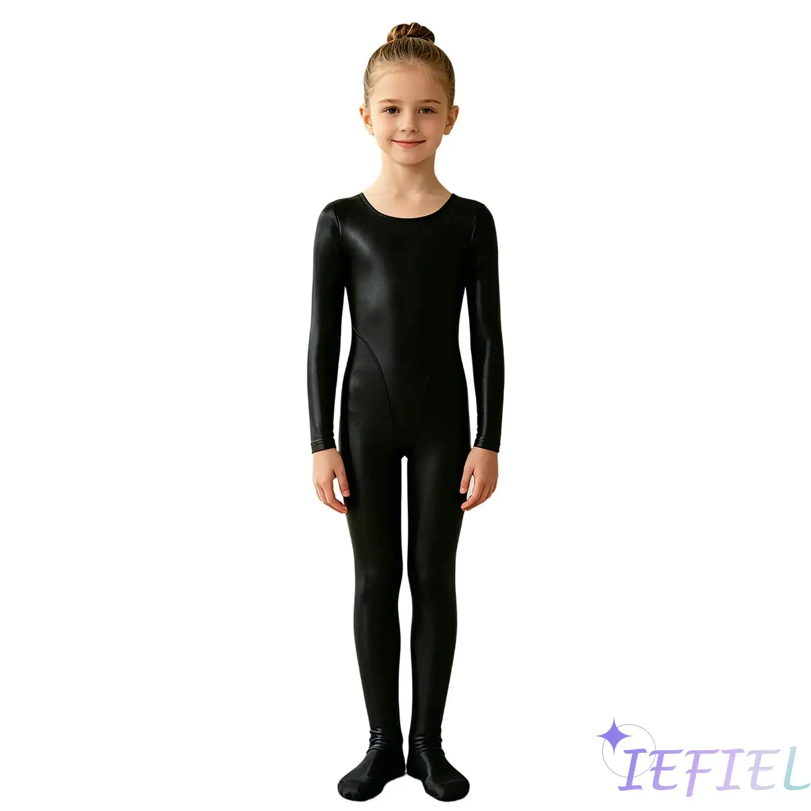 

Kids Girls Gymnastics Ballet Dance Bodysuit Glossy Footed Jumpsuit Long Sleeve Keyhole Back Unitards for Ballerina Yoga Dance