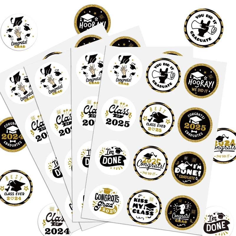 20 Sheets/240 Pcs 2025 Graduation Stickers Class Of Stickers Elegant Black And Golden Circular Adhesive Graduation Gift Tags