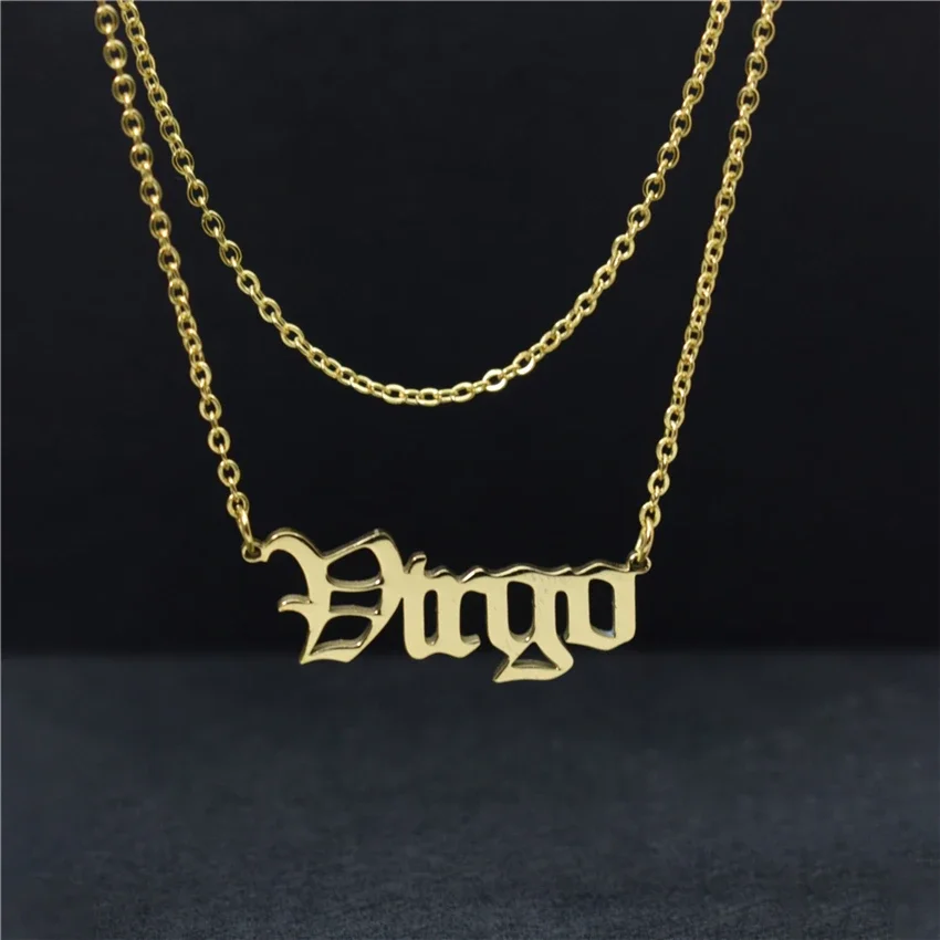 Astrological Zodiac Jewelry Old English Virgo Necklace Script Bijoux Femme Choker Chain Stainless Steel Gothic Charms Pendant