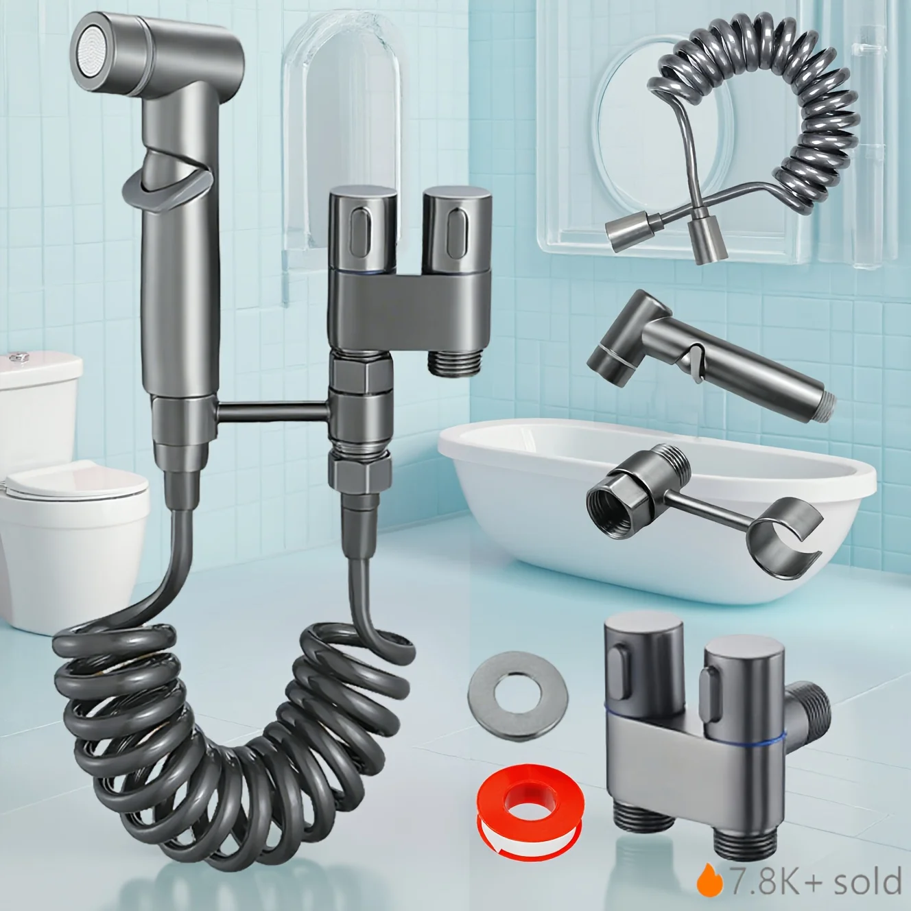 

6-piece toilet, hand-held spray, stainless steel, bathroom accessories, suitable for household toilets, solid bathroom tools
