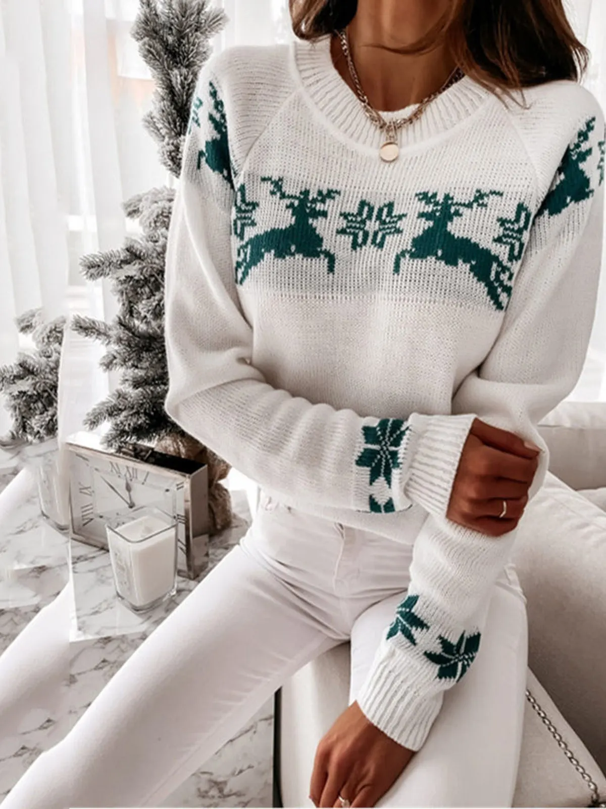 

Women's Long Sve Knitted Top Deer Pattern Street Sle Slim Fit Autumn Winter Faion Casual round Ne Pullover Sweater