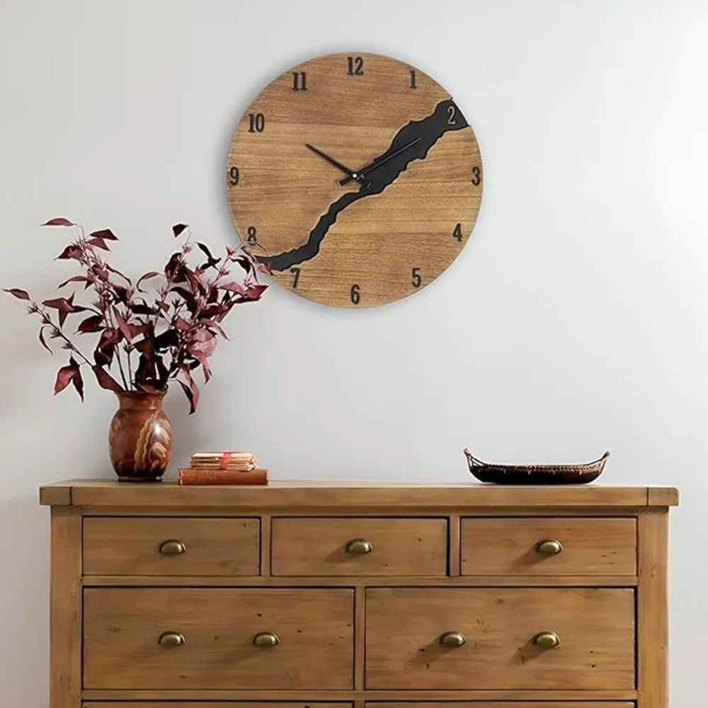 12Inch Diameter Wooden Wall Clock Non-Ticking Mechanism Simple Design Round Wall Clock Round Shape Cracked Wood Texture