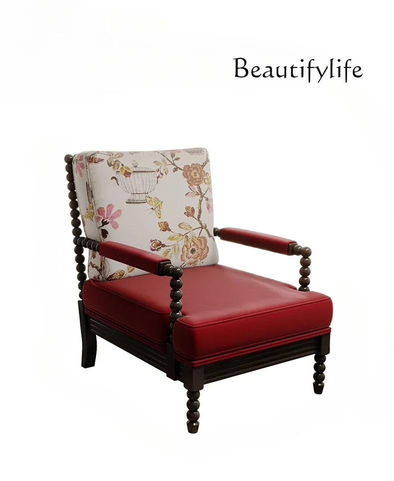 

Solid Wood Sofa American Living Room Fabric Craft Wingback Chair Single Leisure Couch Retro Furniture