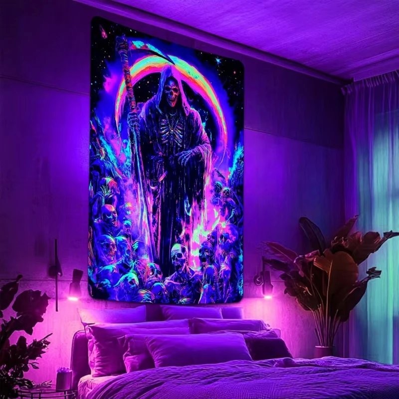 VIKAMA Neon Gothic Tapestry Death Totem Cosmic Skeleton Army Magic Waterfall Mountains Gaming Room Music Studio