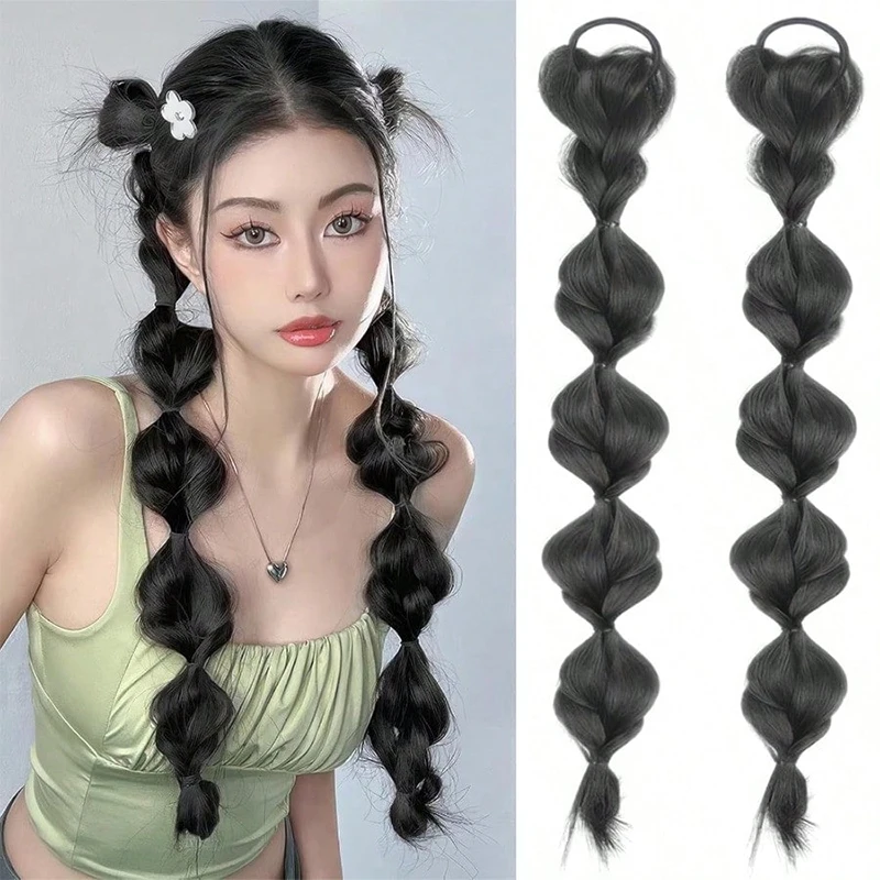 

2pcs 16'' Synthetic Ponytail Wig Female Bubble Braid Natural Dye Twist Braid Tie-Up Dreadlocks1 Double Ponytail Lantern Braid