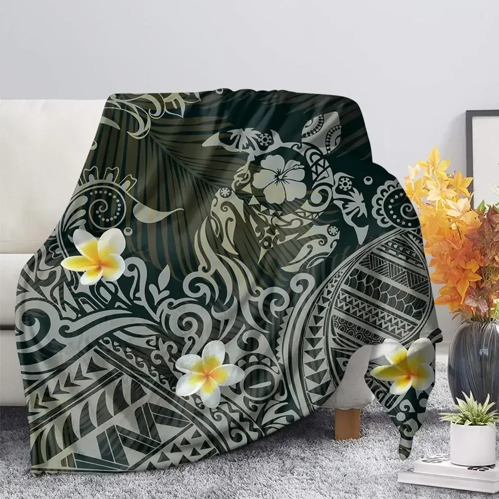 Polynesian Tribal Sea Turtle Pattern Black Flannel Throw Blanket Soft Cozy Lightweight Warm for Kids Adults Travel Camping Gifts