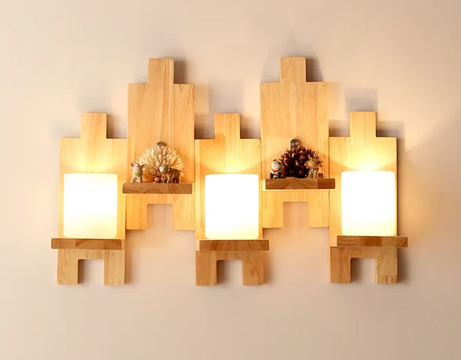 Oak Modern Wooden Lamp Lights Wood+glass E27 For Bedroom Home Lighting Sconce Solid Mosaic Wooden Wall Light Lamparas