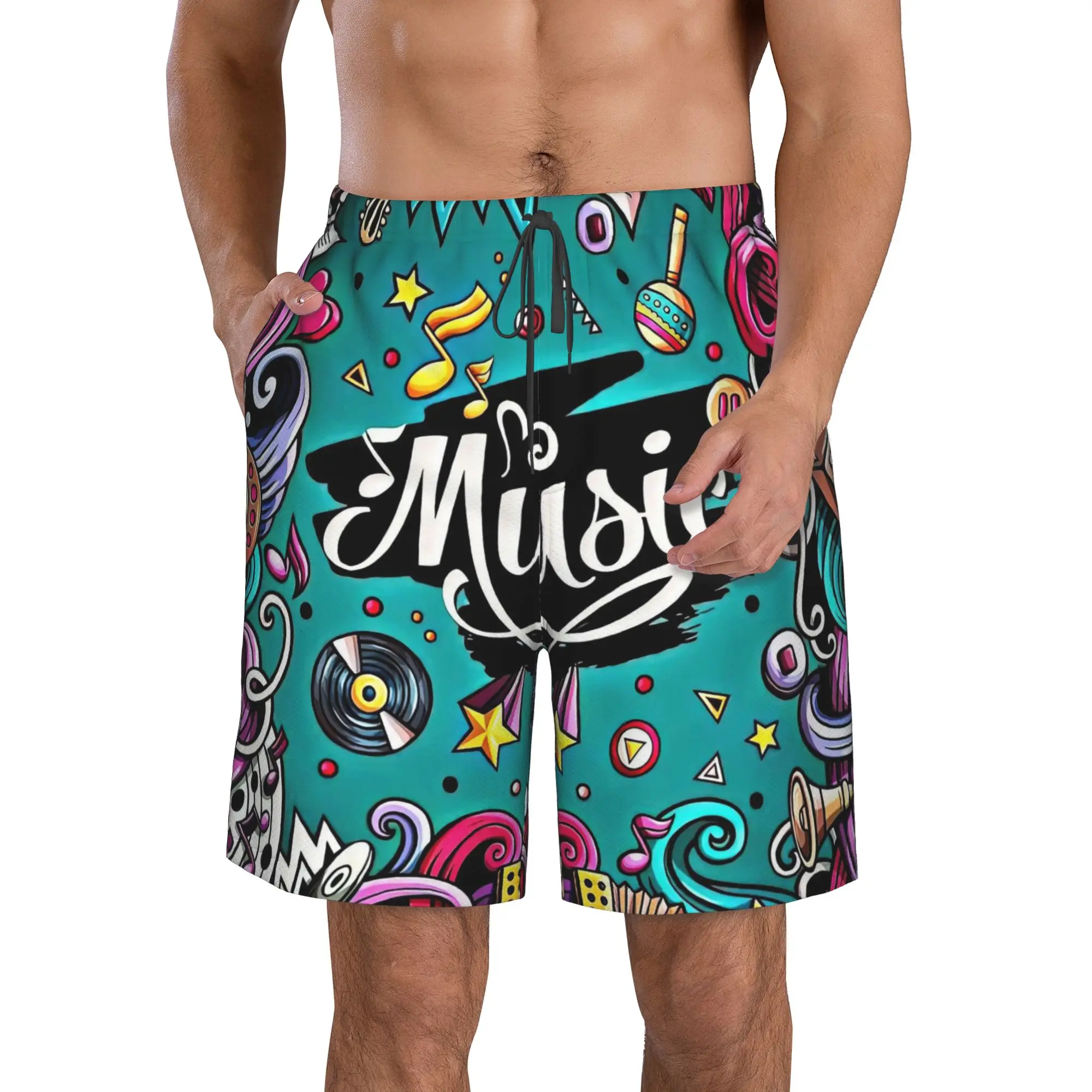 Cartoon Music Colorful Graffiti Trunks Beach Board Shorts Casual Quick Dry Swimming Summer Men Pants
