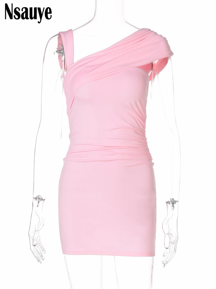 Nsauye 2025 outono sem mangas sexy magro mini vestido roupas femininas sólido cortar elegante cintura alta plissado clube vestidos de festa