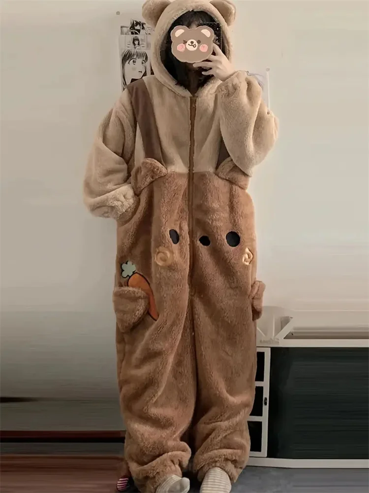 Winter Women's Cute Lounge Onesie Teddy Bear Warm Fuzzy Zip Up Hooded Thickened Home Wear Romper Cosplay Costume Robes Nightgown