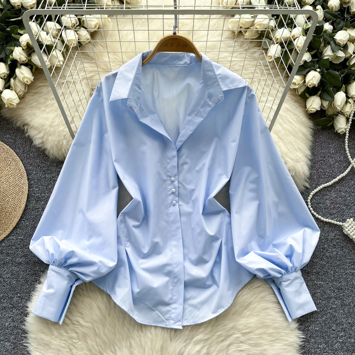 Chic Turn-down Collar Vintage Long Lantern Sleeve Elegant Pleated Slim Buttons Top French Streetwear High Street Autumn Blouse