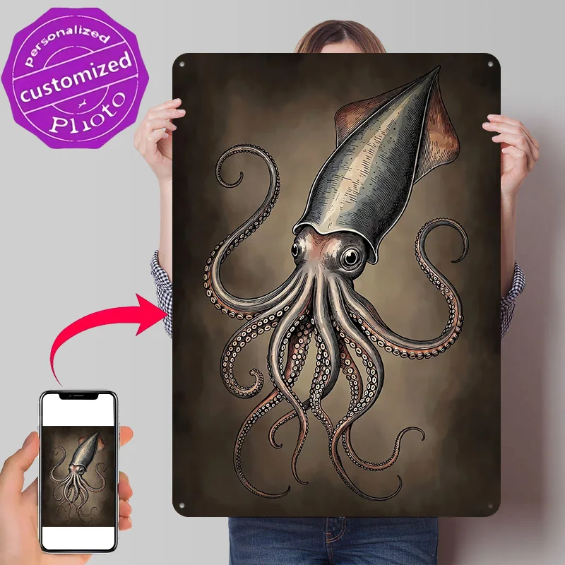 Illustration of a Kraken Squid 3D Texture Printed Poster Custom Vintage Metal Tin Plate Sign for Wall Art Room Decoration Items