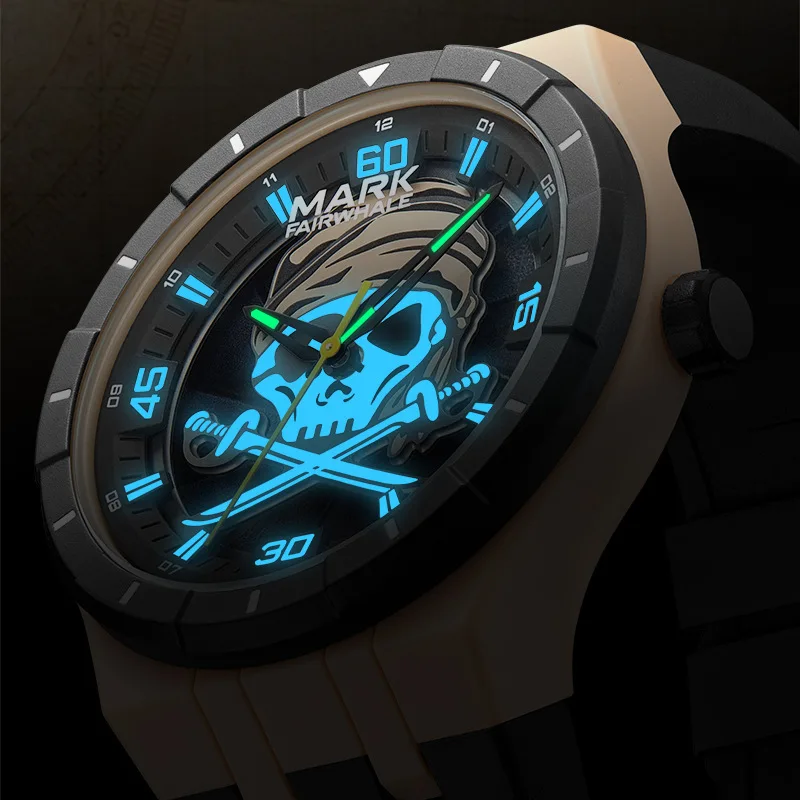 Mark Fairwhale New Fashion Skull Rotating Dial Quartz Watches for Man Sports Silicone Strap Waterproof Luminous Mens Watches