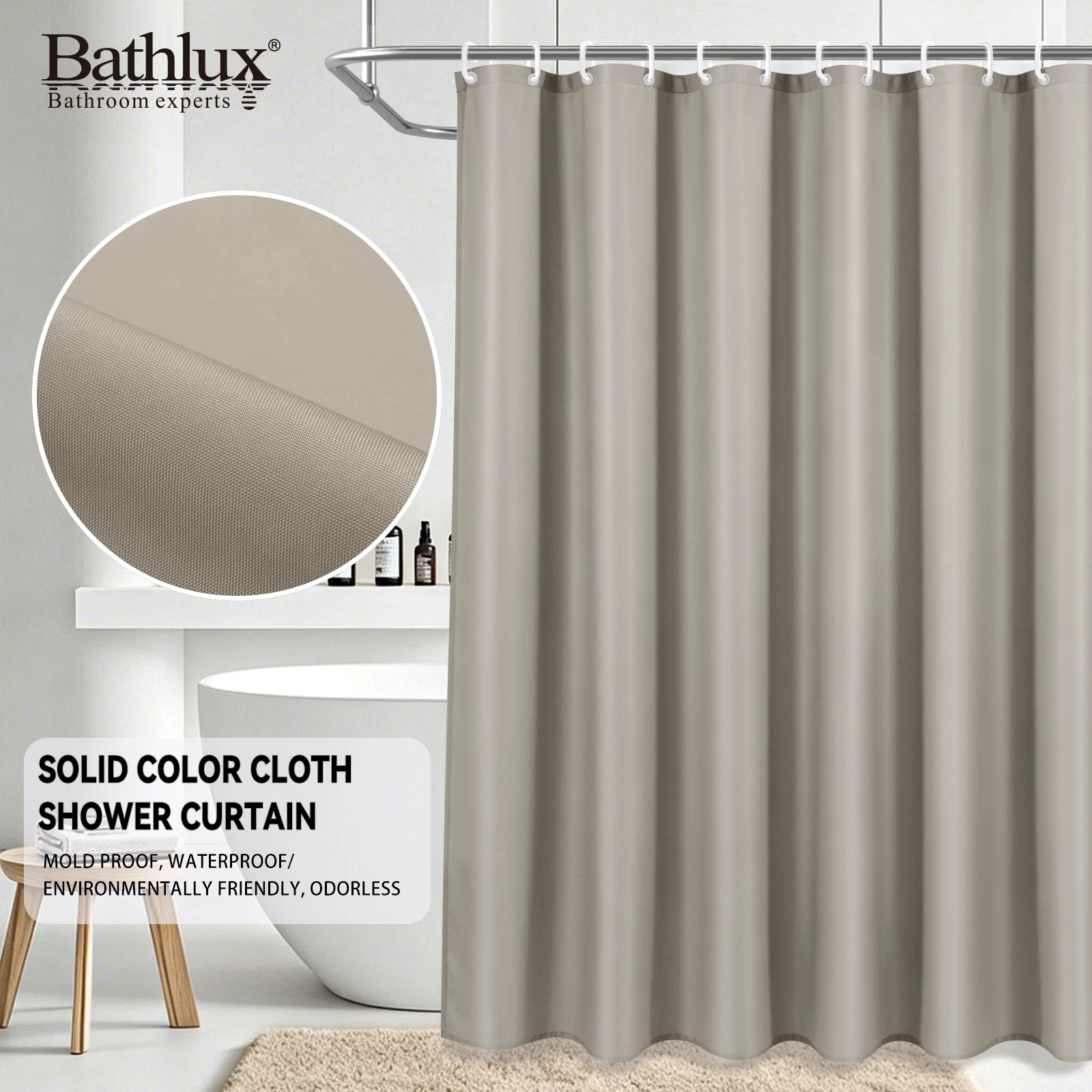 

BATHLUX Solid Color Waterproof Shower Curtain Polyester Fabric Bath Curtains with 12 Curtain Hooks for Bathroom Bathing Cover