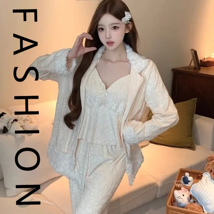 

[Island fleece temperament leopard print] Island fleece pajamas women's cold leopard print warm suspenders loungewear set autumn