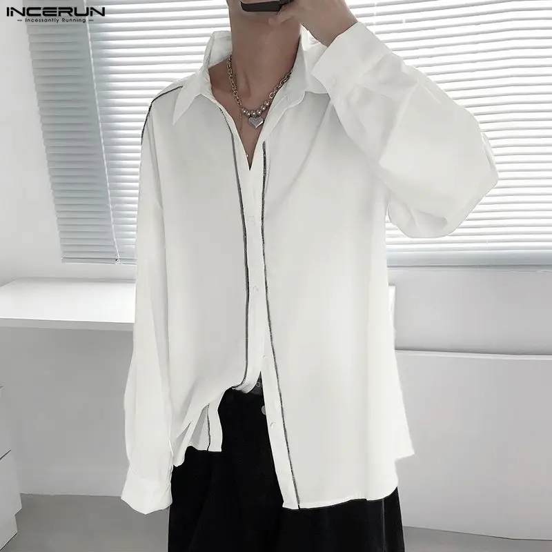 

INCERUN Мужская рубашка в стиле пэчворк с цветными блоками и лацканами с длинным рукавом Мужская одежда Уличная одежда Свободные модные топы Мужские рубашки в корейском стиле