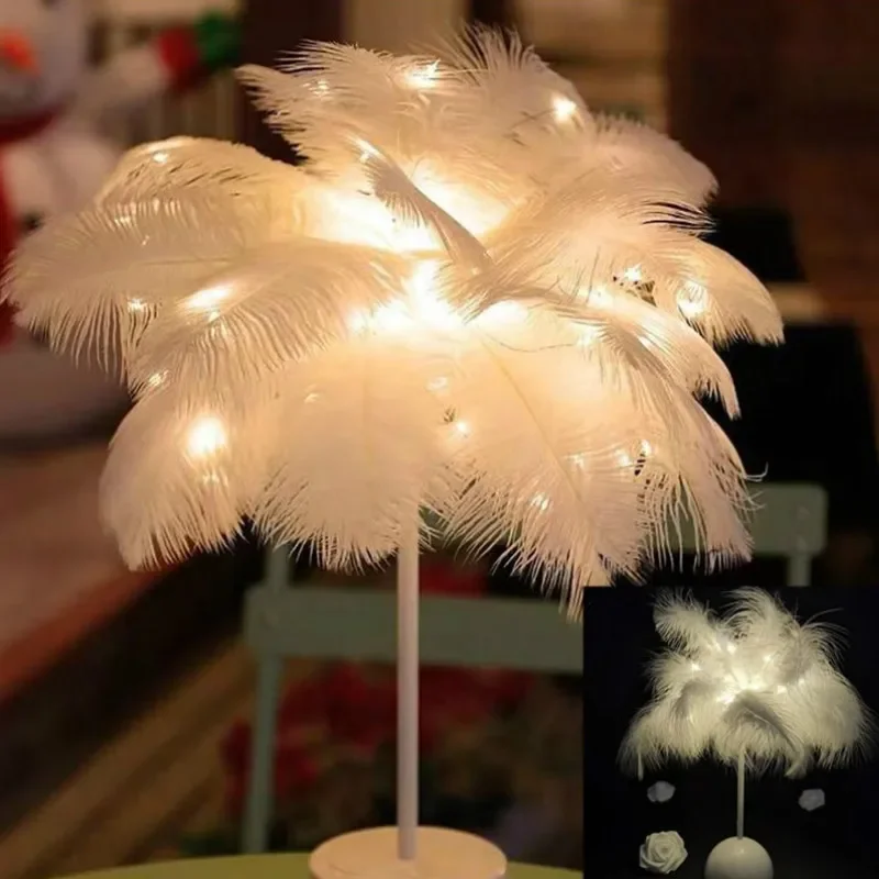 Creative Feather Table Lamp Warm White Light Tree Feather Lampshade Girl LED Wedding Decorative Lights Birthday Gift Home Decor