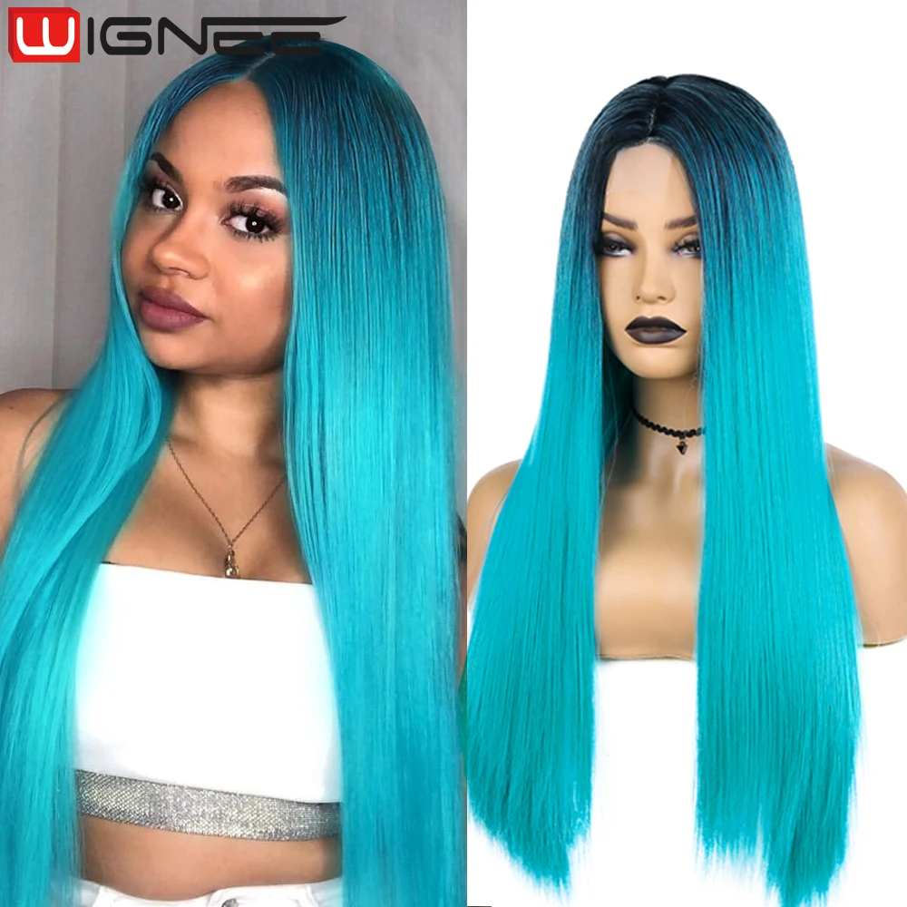 WIGNEE Bluish Light Blue Wig Synthetic Hair Lace Wigs For Women Long Straight Wig Natural Black/Red/Highlight Heat Resistant