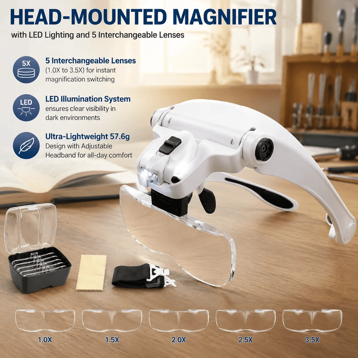 Head Mounted LED Magnifier Hands Free 5 Interchangeable Lenses For Jewelry Watch Repair Reading Hobbyists Seniors Vision