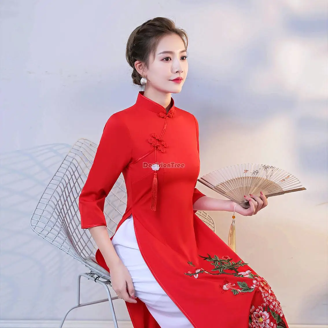 2024 vietnam ao dai cheongsam traditional oriental dress set improved  vietnam aodai qipao wide leg pants two piece suit a100