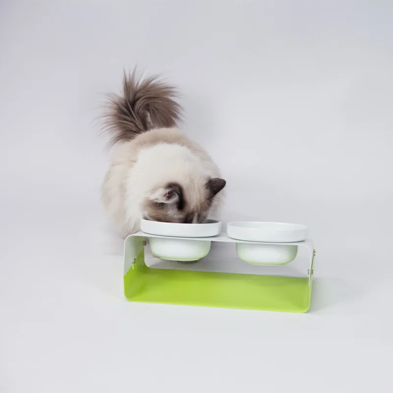 Luxury Cat Double Bowl Safety Ceramic with Wood Stand and Silicone Mat Kitten Puppy Food Feeding Elevated Dog Supplies Non-Toxic