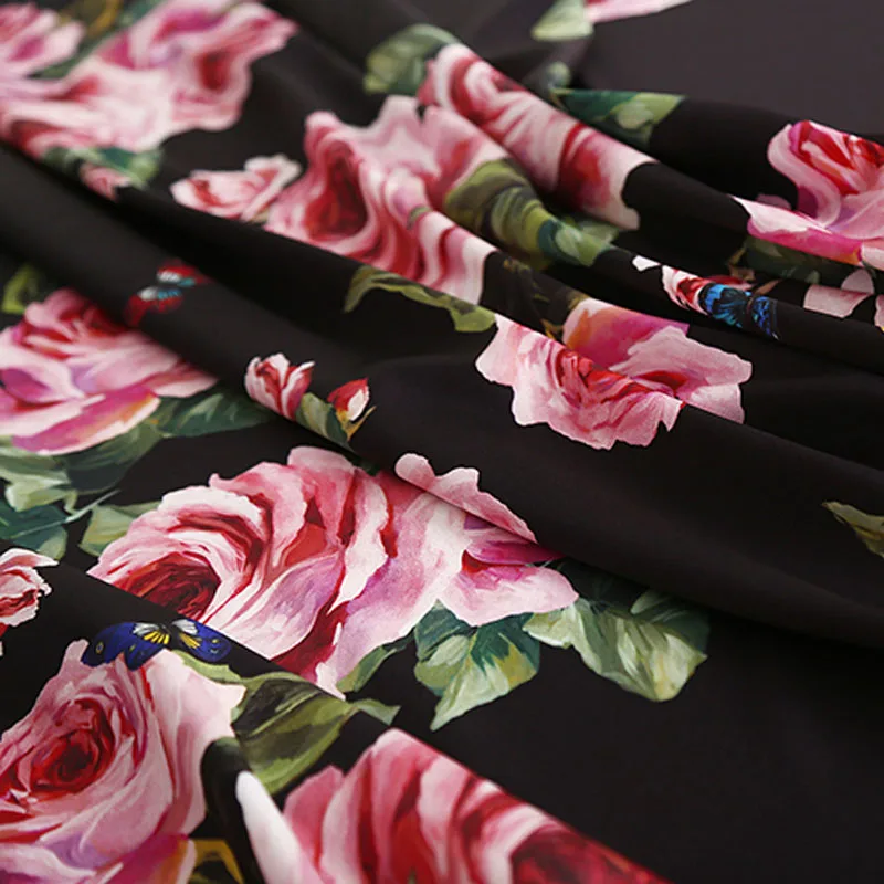 Europe And America Fashion Pink Rose Flower Printed Imitate Silk Satin For Women Dress Pants Handmade DIY Cloth Sewing