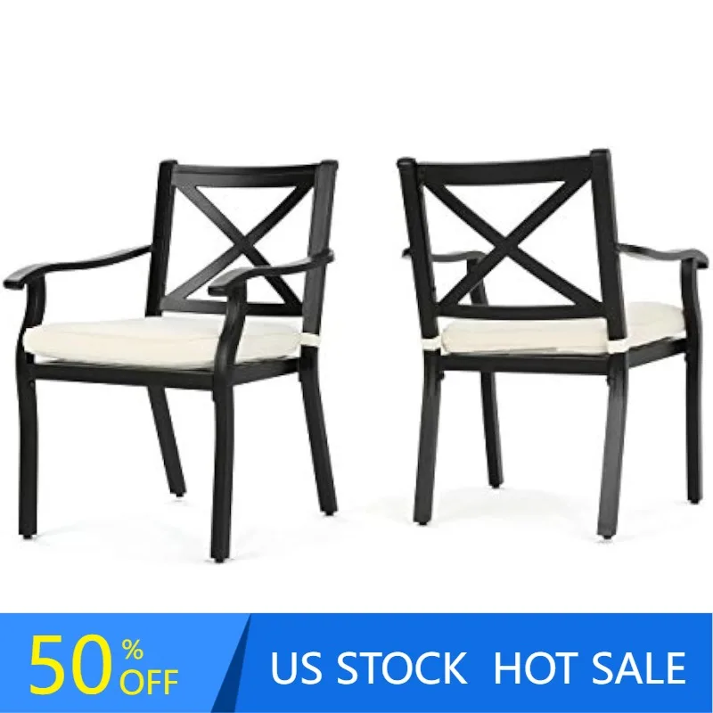 

Outdoor Cast Aluminum Dining Chairs, Water Resistant Cushions, 2 Pcs Set, Black, Ivory