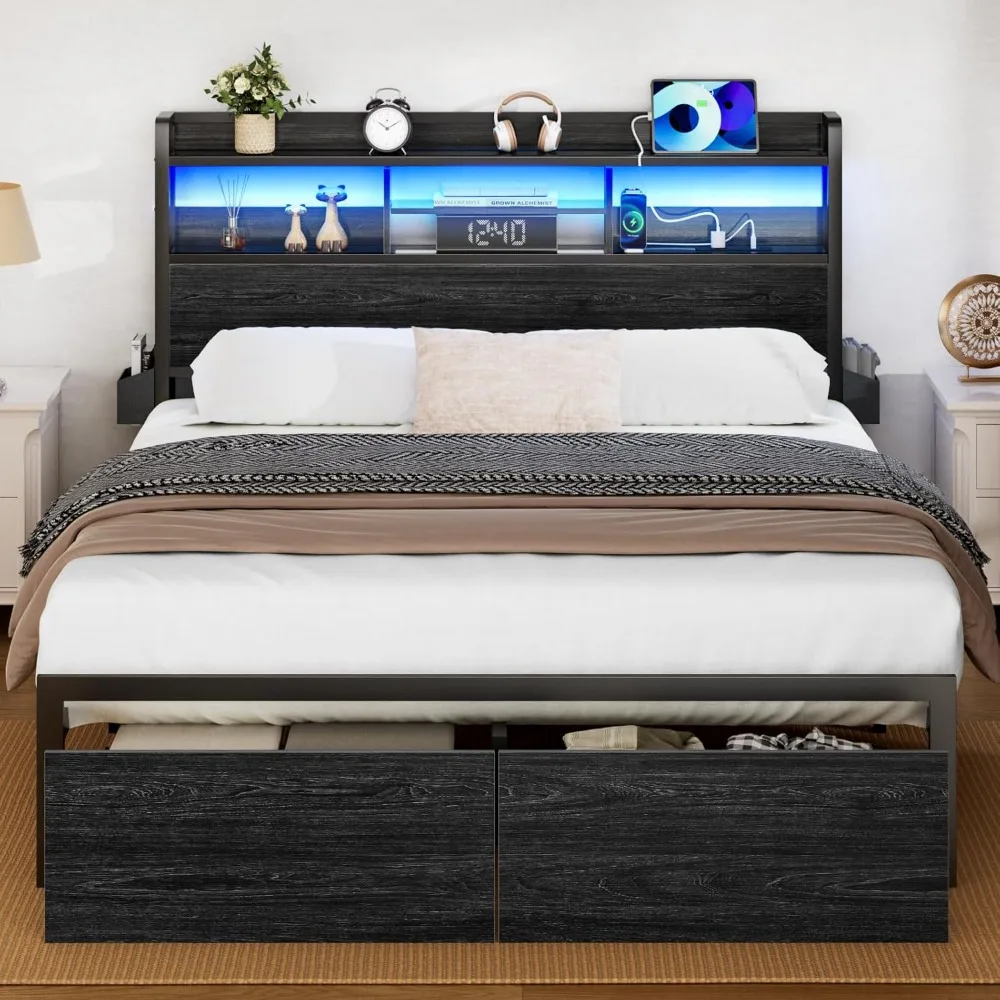 

Full Size Bed Frame with Wood Headboard, Metal Platform Bed Frame Full Size with Storage Drawers and Shelf, LED Lights