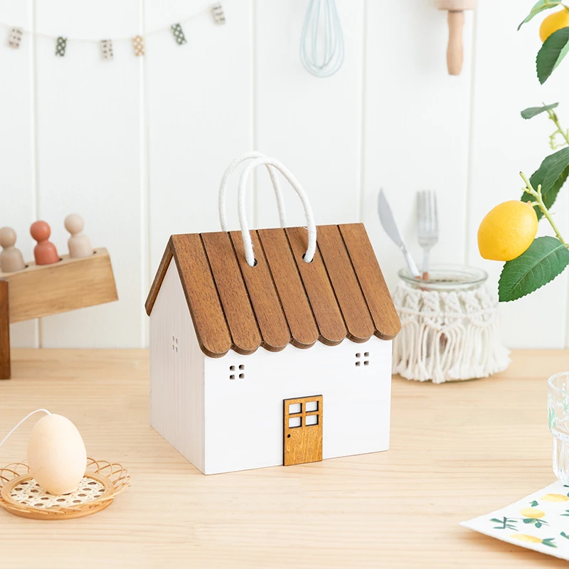

Japanese cartoon cute wooden house shaped storage box ornaments, creative roof cover with handle wooden house storage box