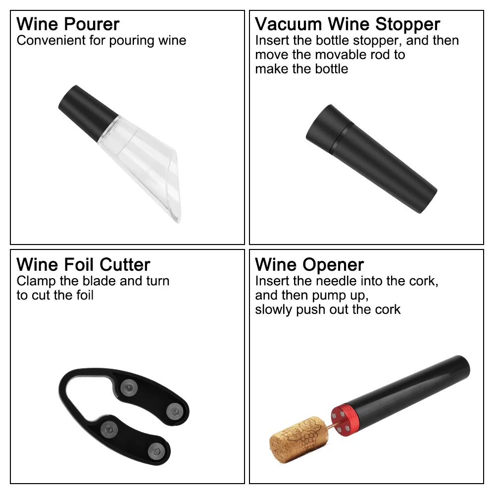 For Red Wine Foil Cutter Wine Pourer Air Pressure Vacuum Wine Stopper Pin Type Cork Out Tool 4 Pcs/Set Wine Opener