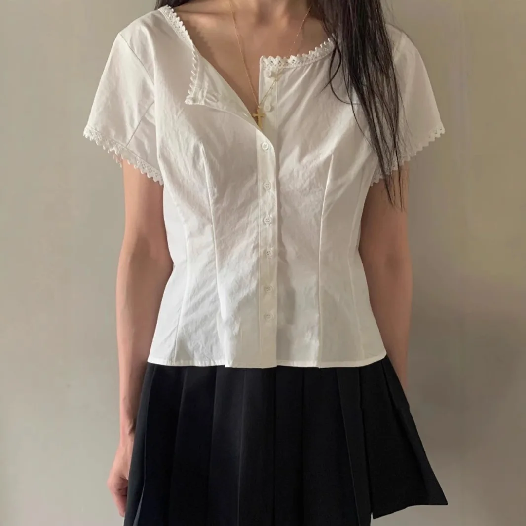 

Korean Dongdaemun Spring Summer New Sle ort Sve Lace Trim Casual Vintage irt Ele Quali Women's Faion Top