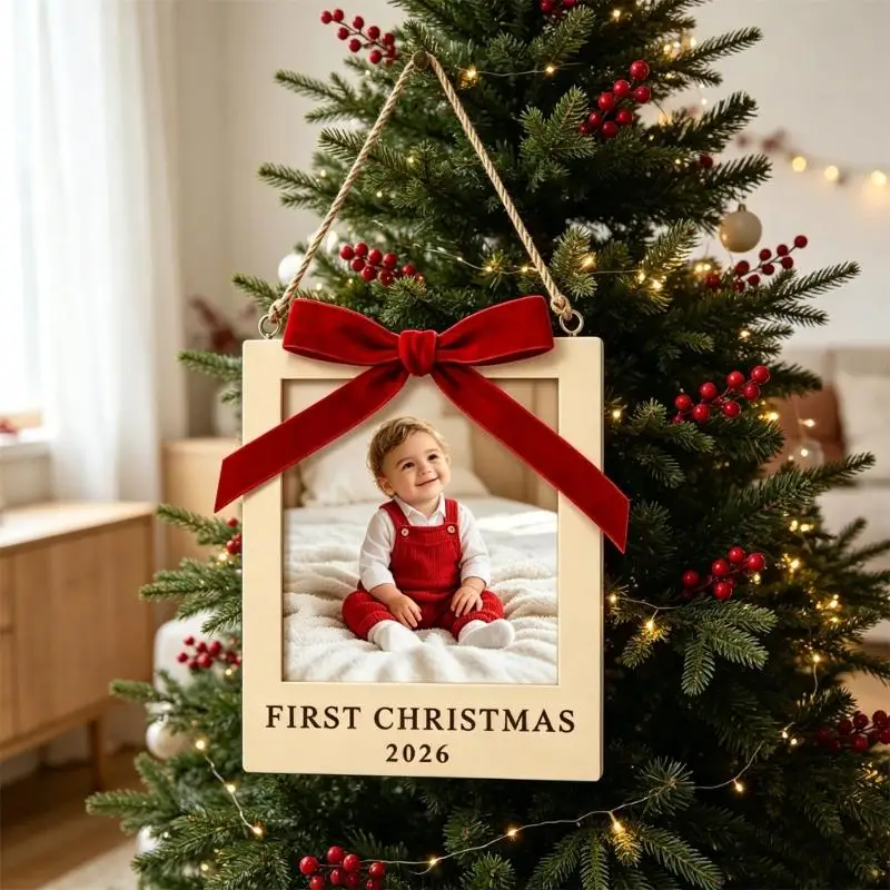 Weihnachts-Fotorahmen-Ornament aus Holz für Baum oder Wand 3XUF – Detail 4